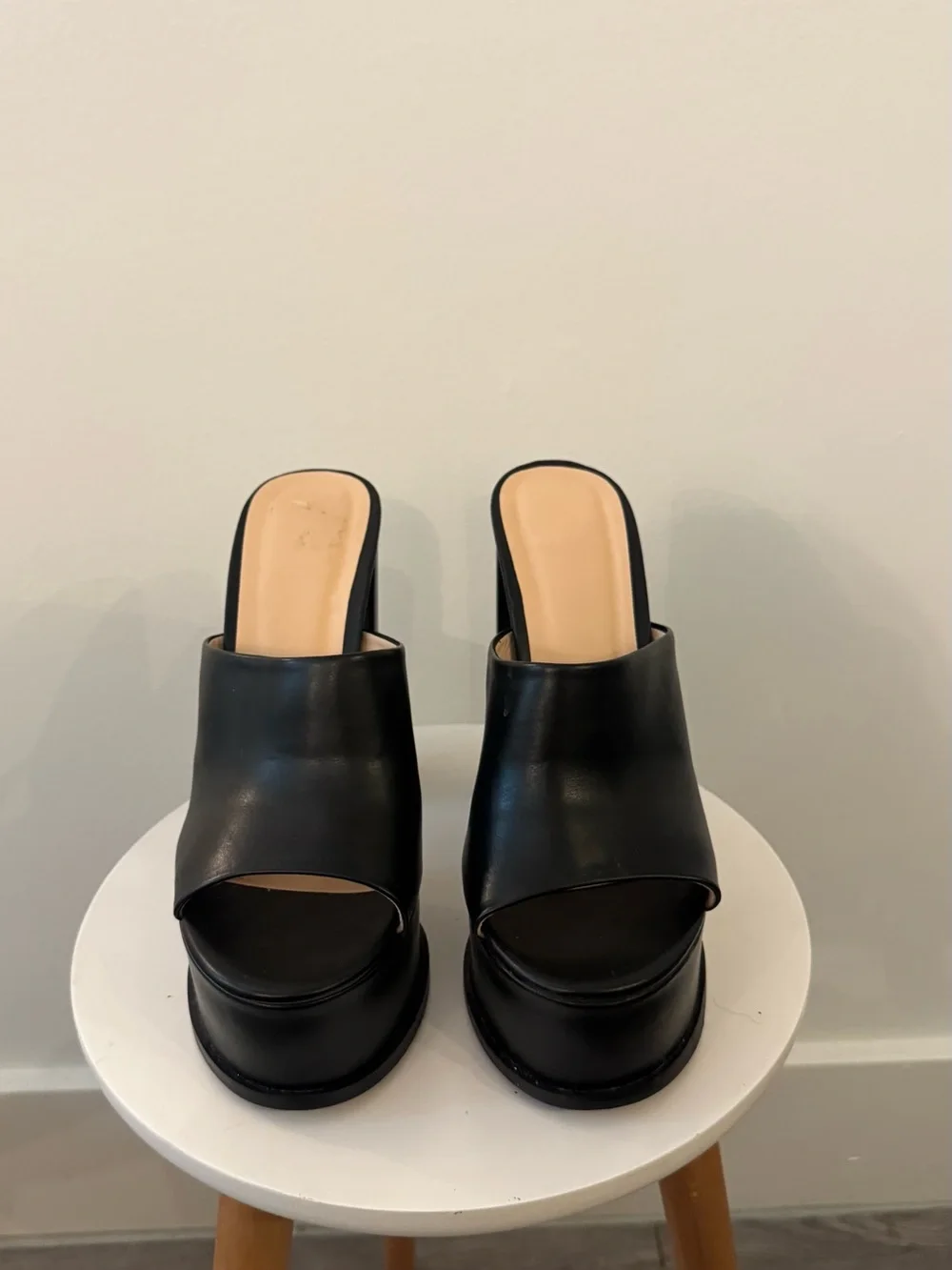 Black Leather Platform Mule Heels - Women